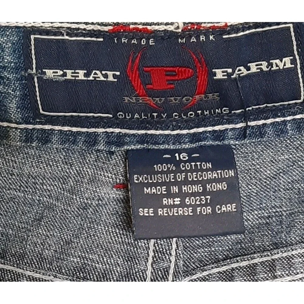 Vtg 90s PHAT FARM Baggy Patchwork Jeans Youth Size 16 Wide Leg Hip Hop Y2K Denim